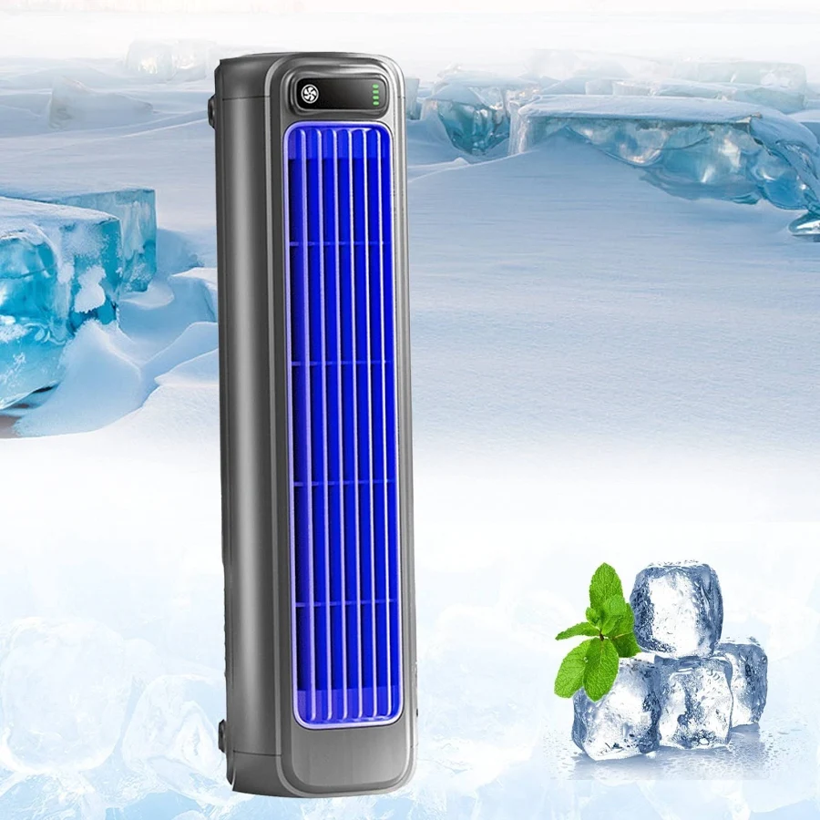Epicooler Portable AC tower fan with blue cooling grille